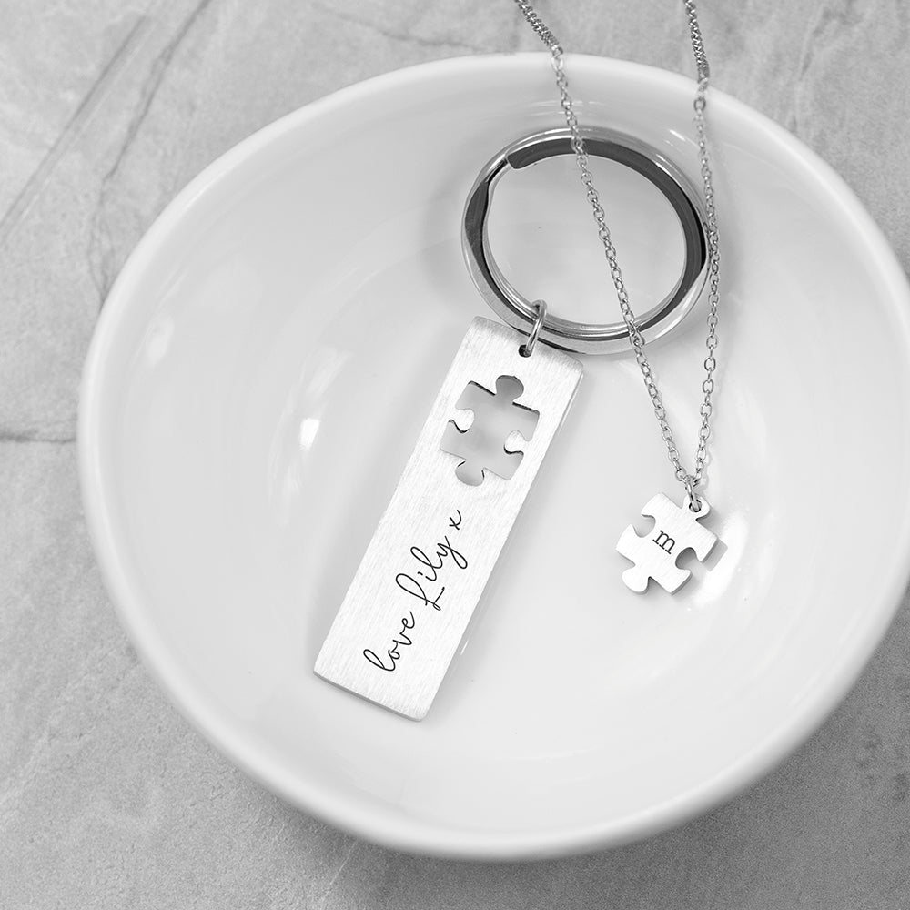 Personalised Perfect Fit Puzzle Piece Necklace & Keyring Set - Engraved Memories