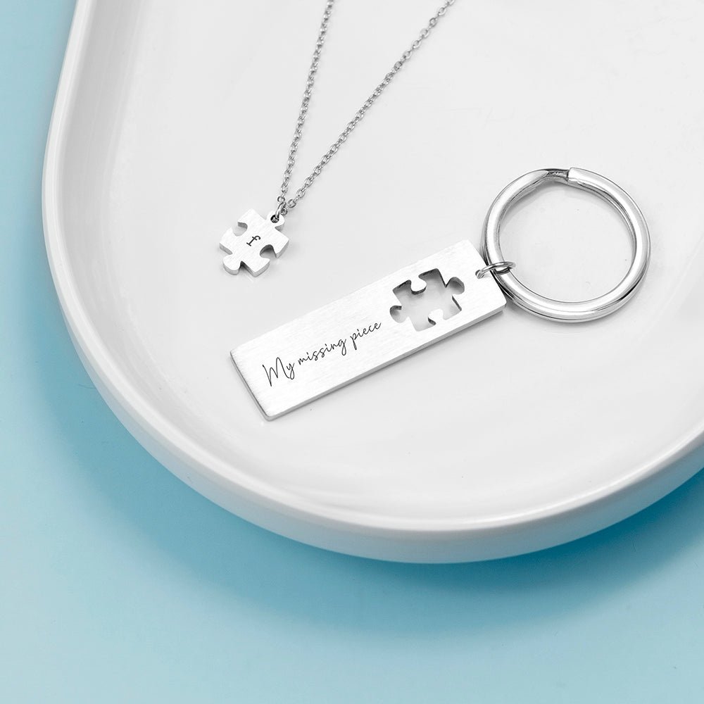 Personalised Perfect Fit Puzzle Piece Necklace & Keyring Set - Engraved Memories