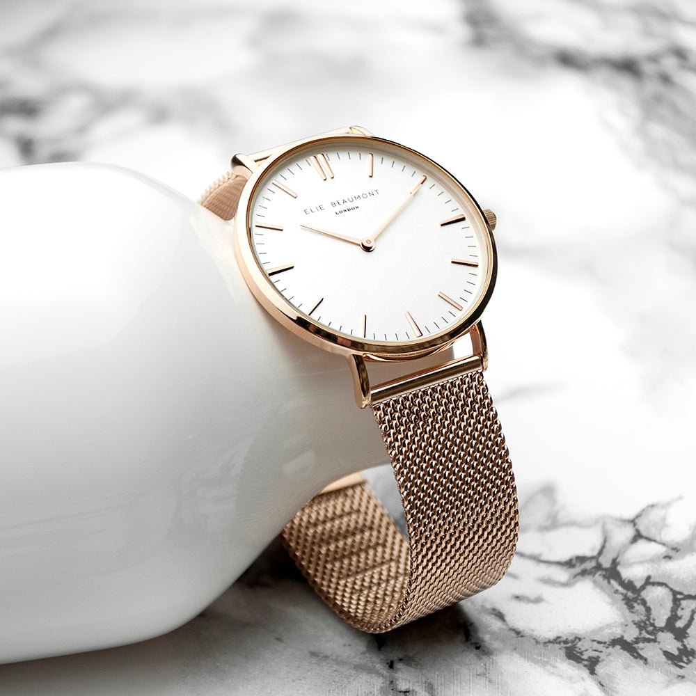 Personalised Rose Gold Mesh Strapped Watch With White Dial - Engraved Memories