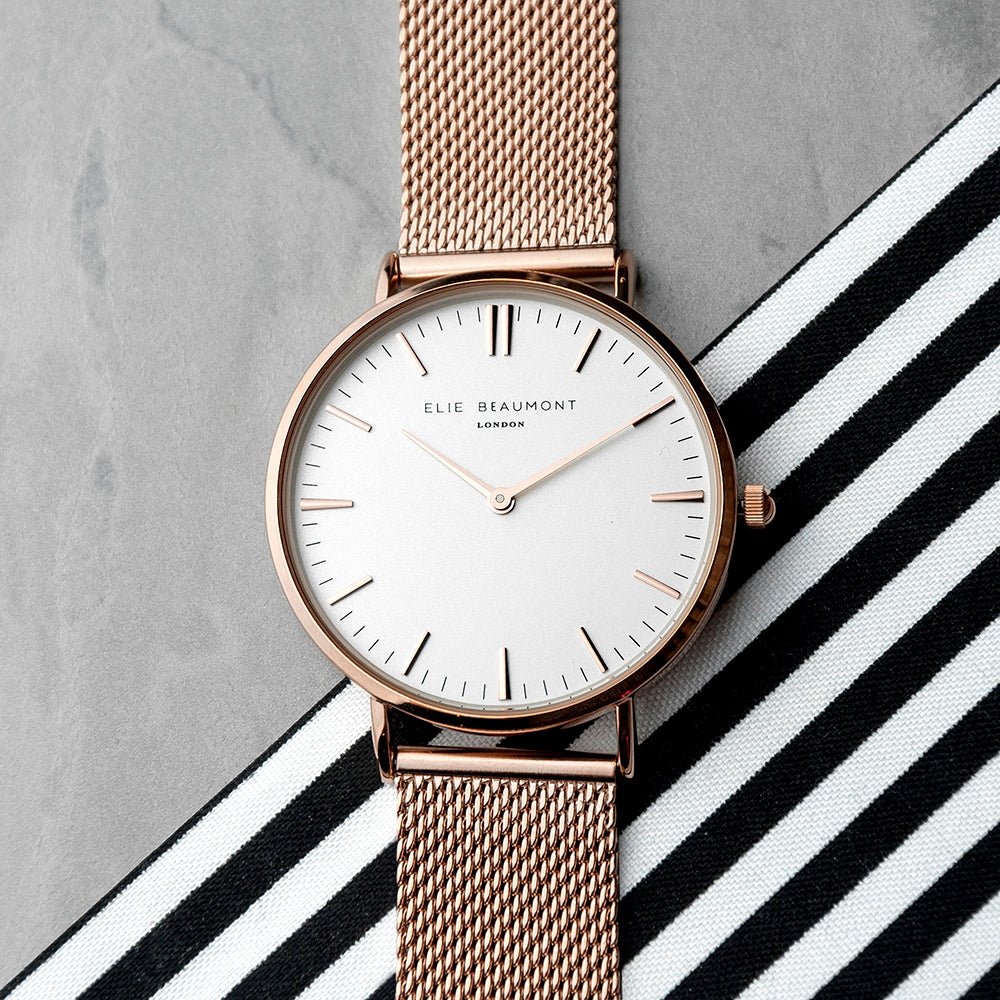 Personalised Rose Gold Mesh Strapped Watch With White Dial - Engraved Memories