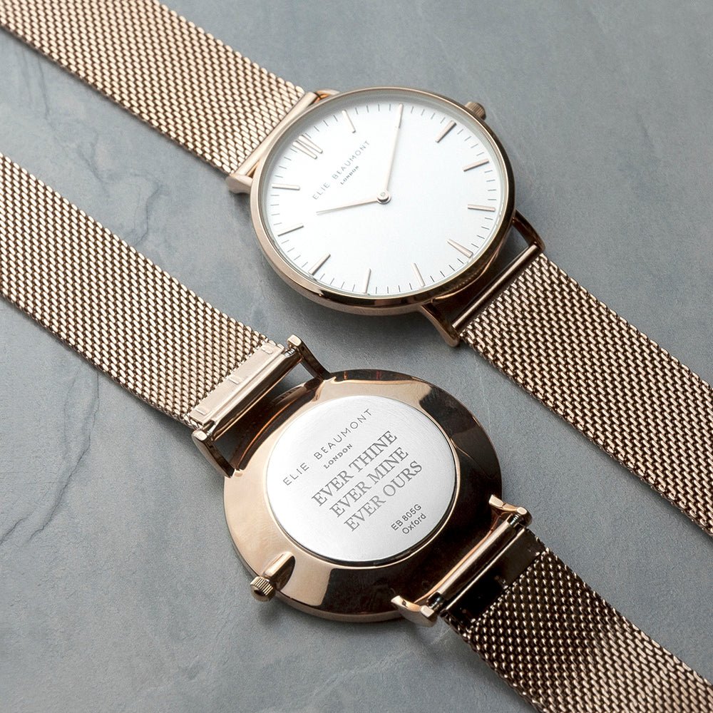 Personalised Rose Gold Mesh Strapped Watch With White Dial - Engraved Memories