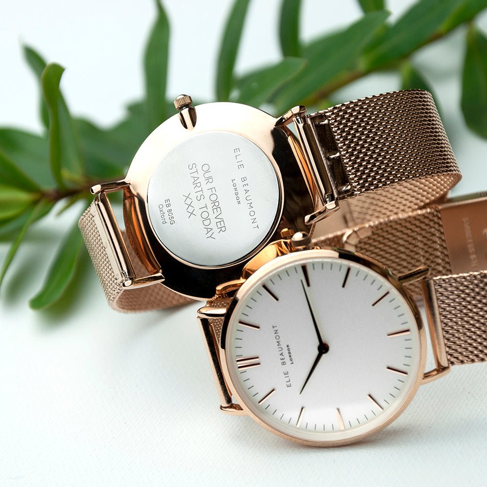 Personalised Rose Gold Mesh Strapped Watch With White Dial - Engraved Memories