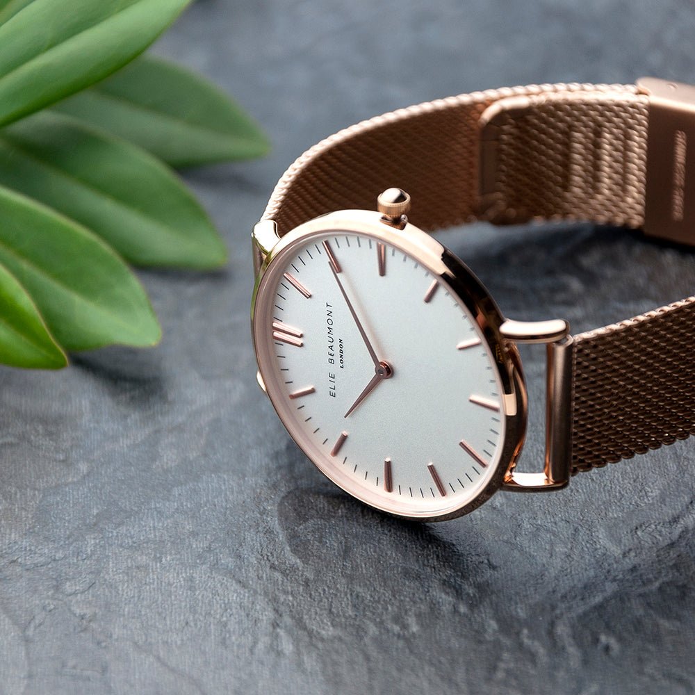 Personalised Rose Gold Mesh Strapped Watch With White Dial - Engraved Memories