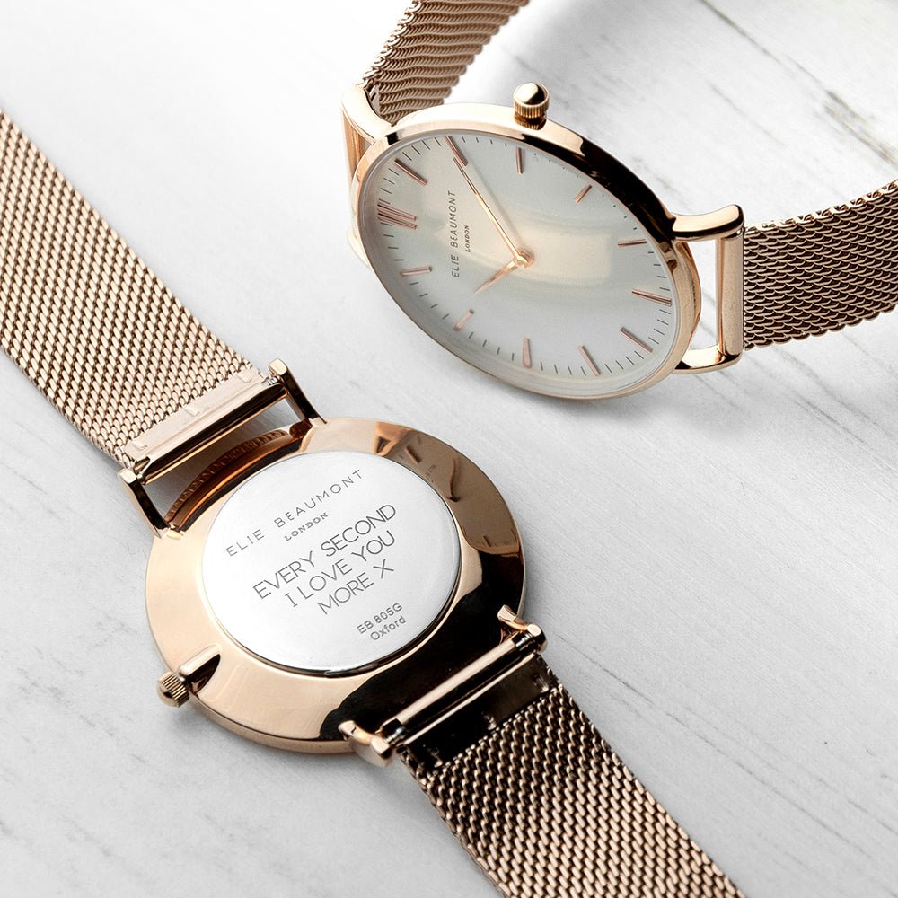 Personalised Rose Gold Mesh Strapped Watch With White Dial - Engraved Memories