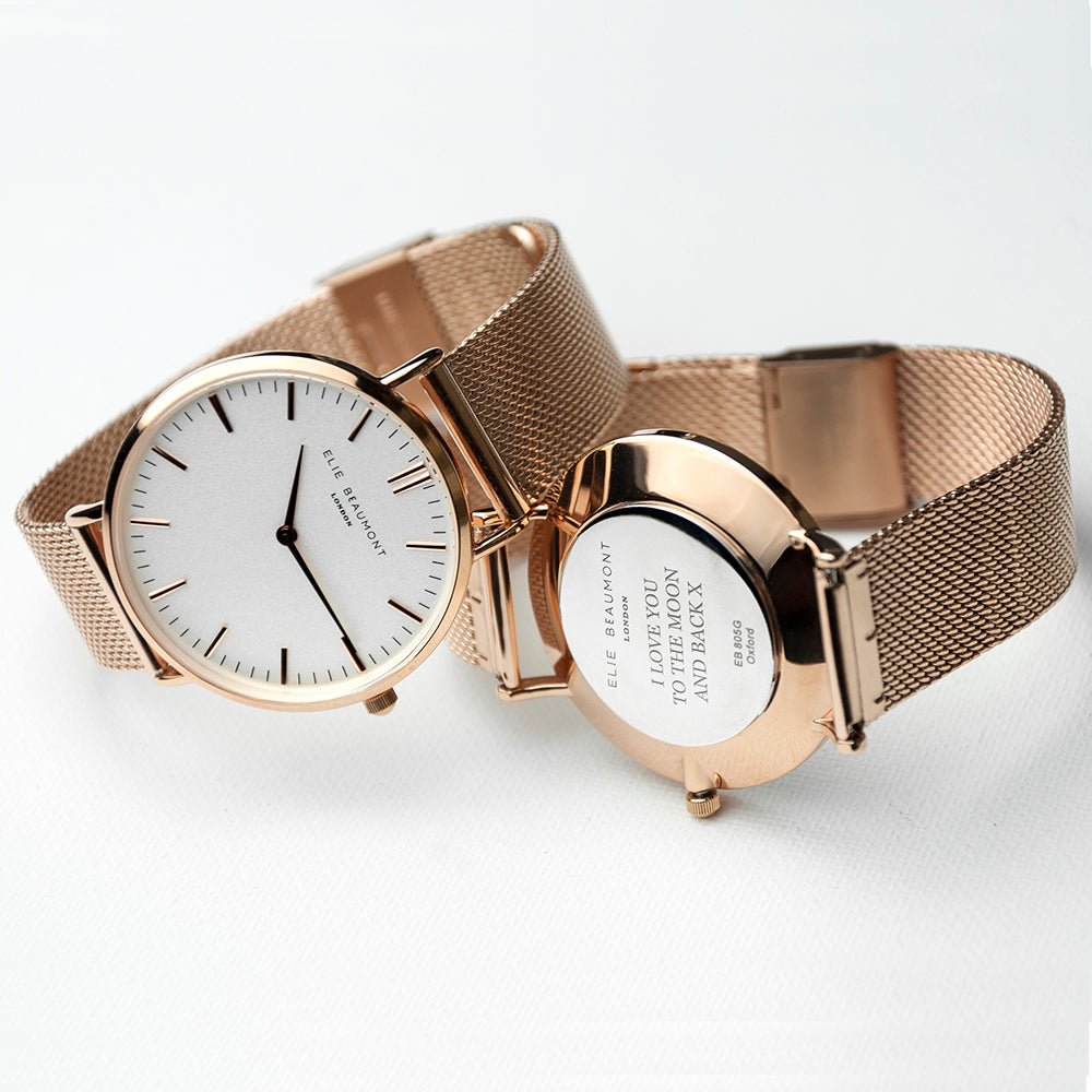 Personalised Rose Gold Mesh Strapped Watch With White Dial - Engraved Memories