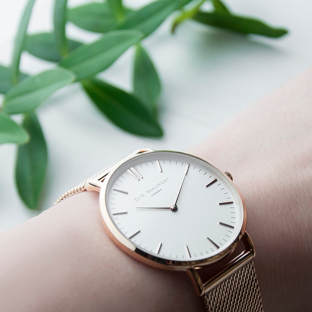 Personalised Rose Gold Mesh Strapped Watch With White Dial - Engraved Memories