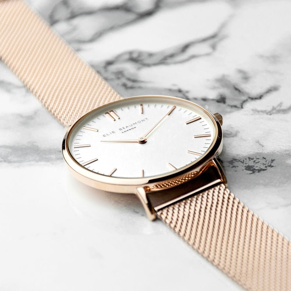 Personalised Rose Gold Mesh Strapped Watch With White Dial - Engraved Memories