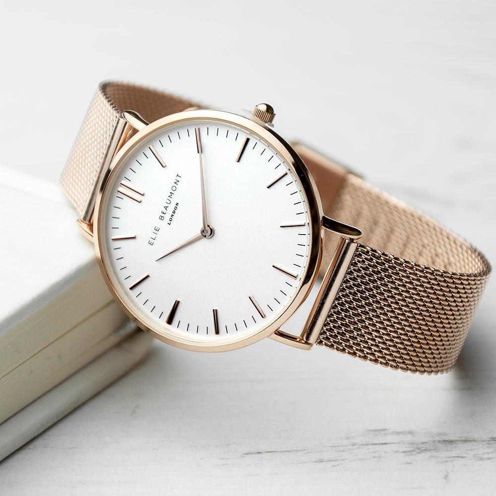 Personalised Rose Gold Mesh Strapped Watch With White Dial - Engraved Memories