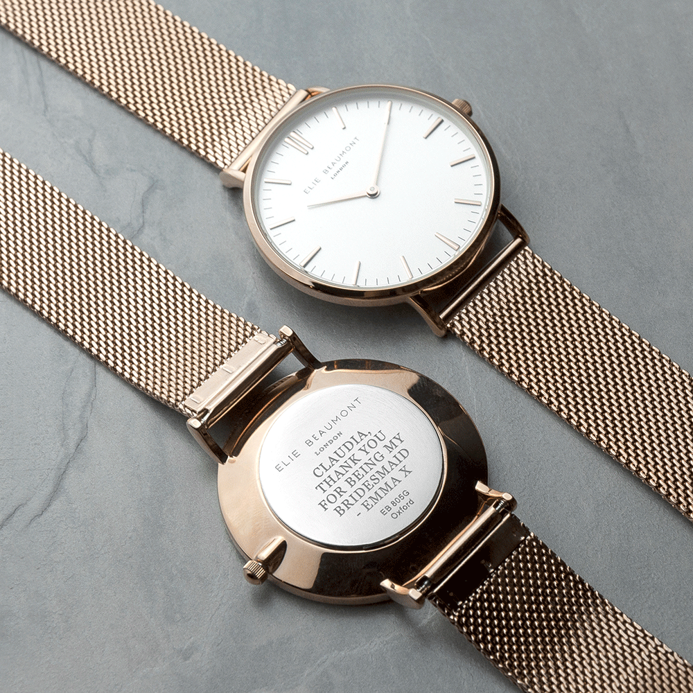 Personalised Rose Gold Mesh Strapped Watch With White Dial - Engraved Memories