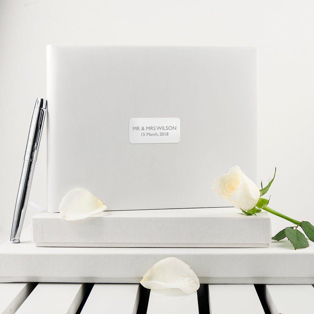 Personalised White Leather Wedding Guest Book - Engraved Memories