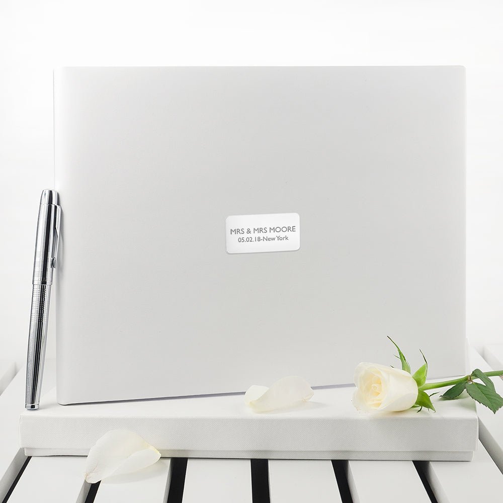 Personalised White Leather Wedding Guest Book - Engraved Memories