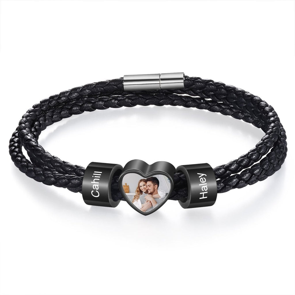 Personalized custom photo name men's bracelet, black stainless steel, 20-30cm length, unique gift.