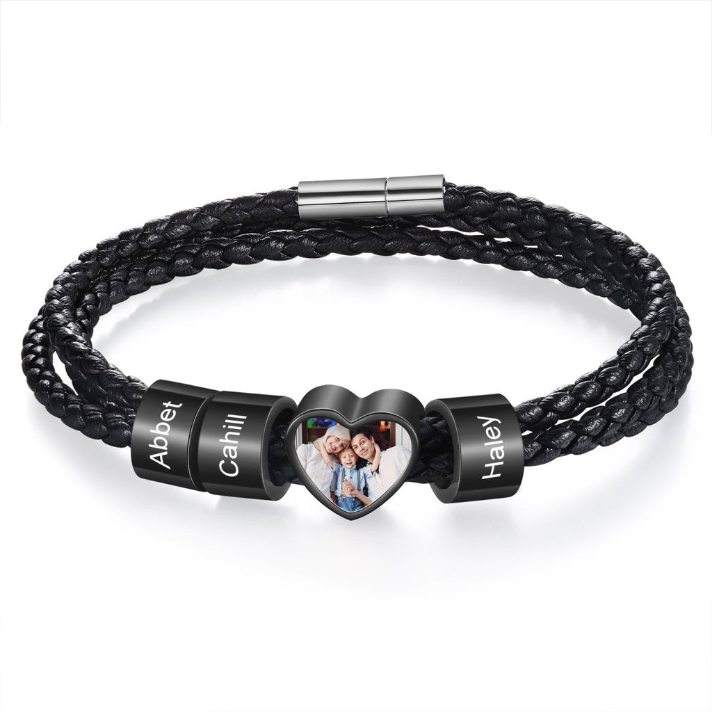 Personalized custom photo name men's bracelet, black stainless steel, 20-30cm length, unique gift.