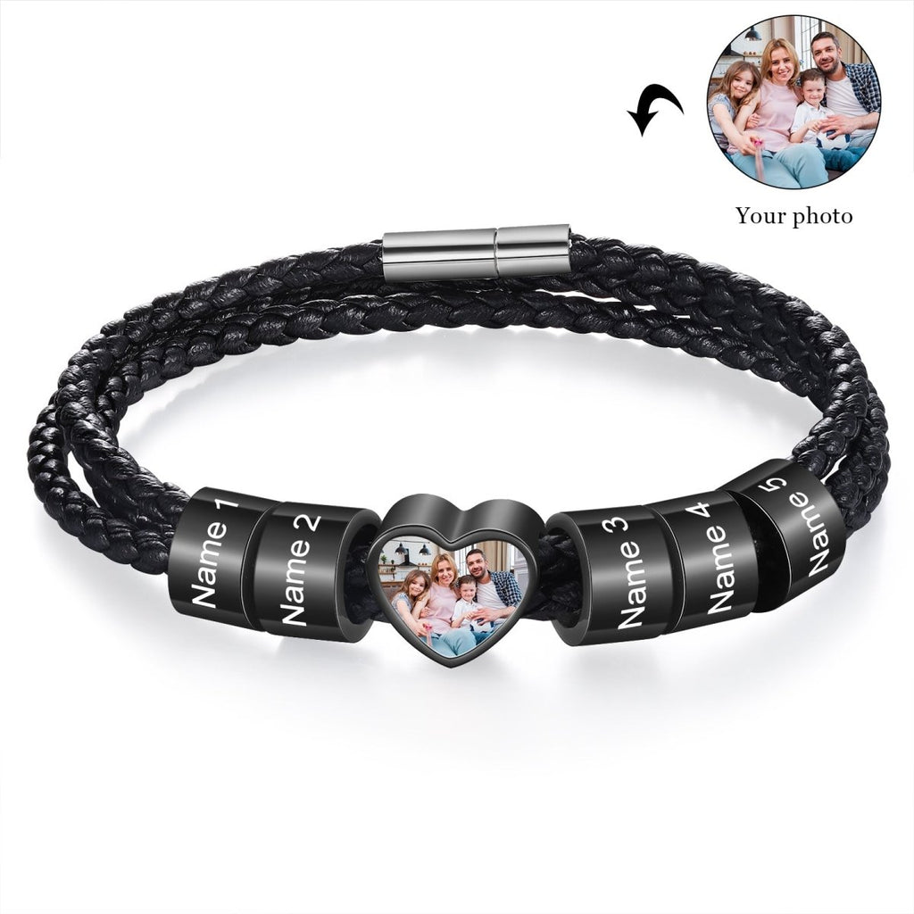 Personalized custom photo name men's bracelet, black stainless steel, 20-30cm length, unique gift.