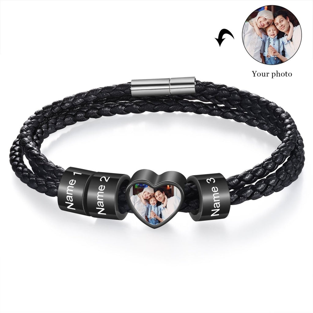 Personalized custom photo name men's bracelet, black stainless steel, 20-30cm length, unique gift.