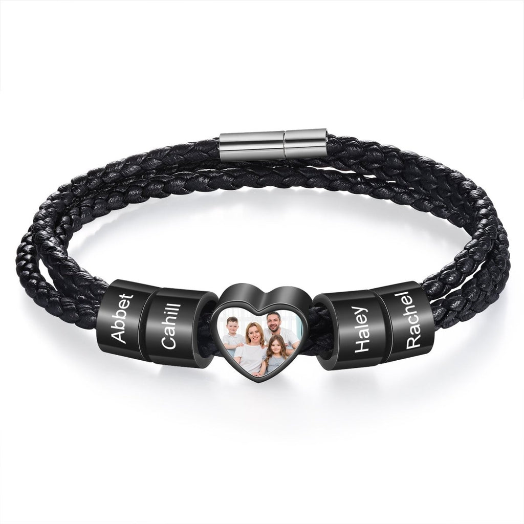 Personalized custom photo name men's bracelet, black stainless steel, 20-30cm length, unique gift.