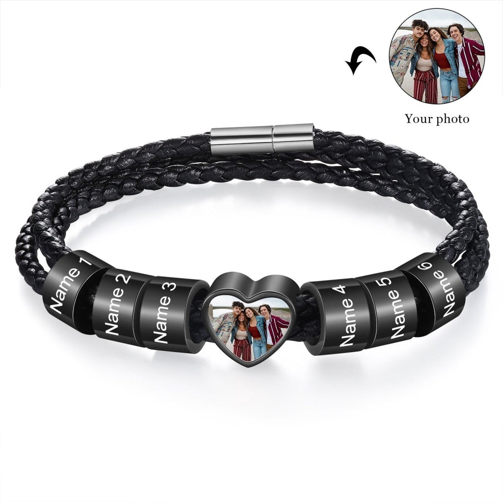 Personalized custom photo name men's bracelet, black stainless steel, 20-30cm length, unique gift.