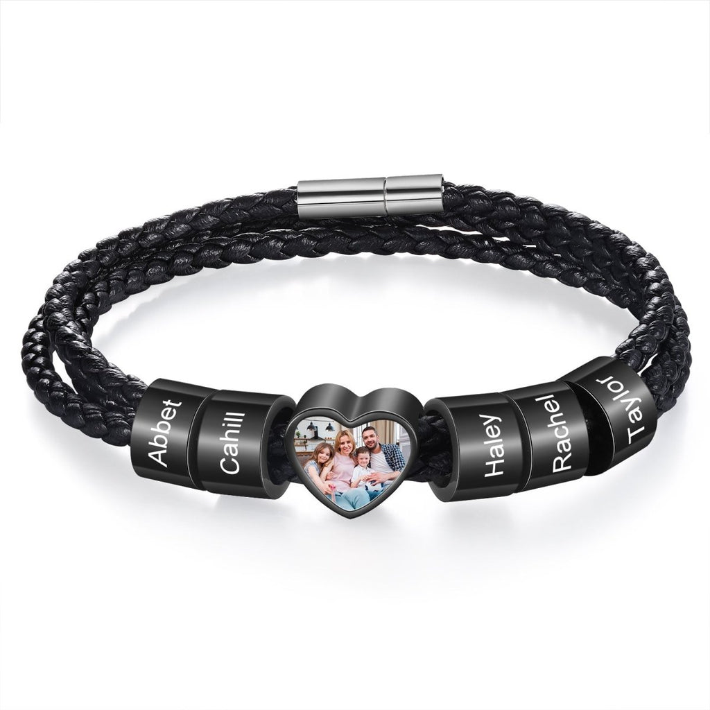 Personalized custom photo name men's bracelet, black stainless steel, 20-30cm length, unique gift.