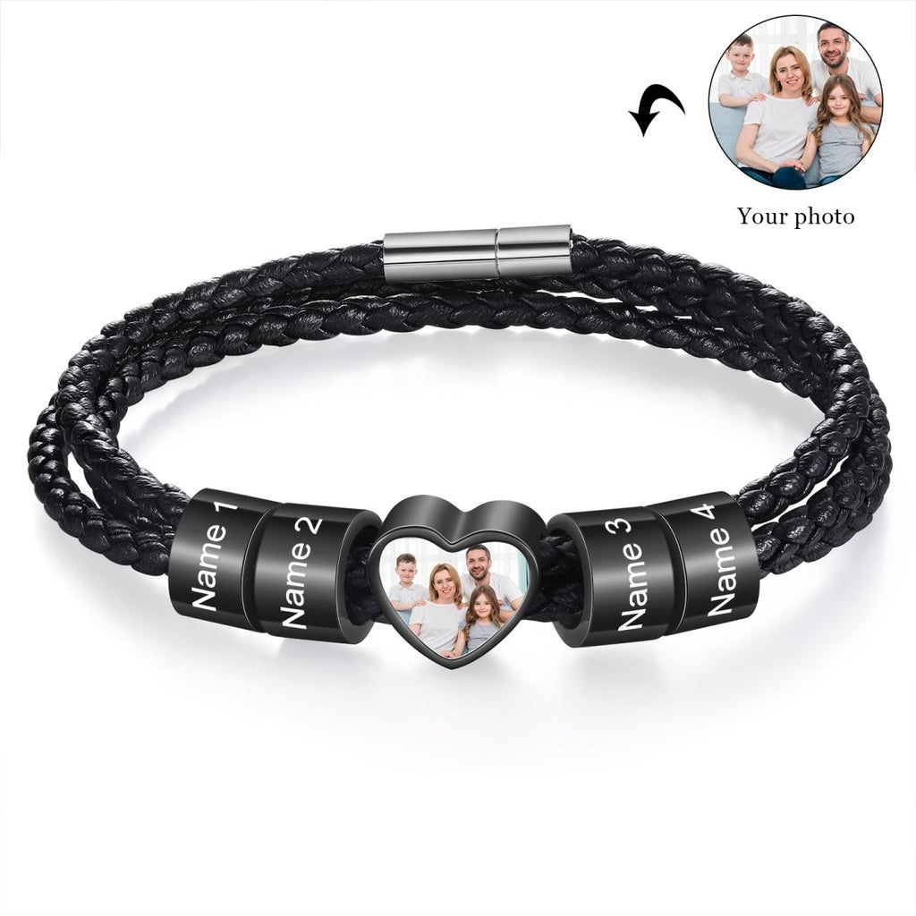 Personalized custom photo name men's bracelet, black stainless steel, 20-30cm length, unique gift.