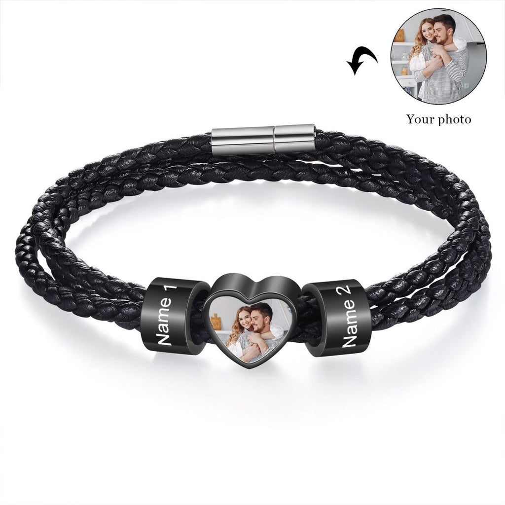 Personalized custom photo name men's bracelet, black stainless steel, 20-30cm length, unique gift.