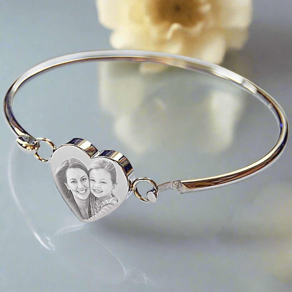 Photo Heart Bangle - Mother's day gift, Gift for Nanny, Bridesmaid Gift, Photo and Text Personalised Metal Bangle Bracelet - Engraved Memories