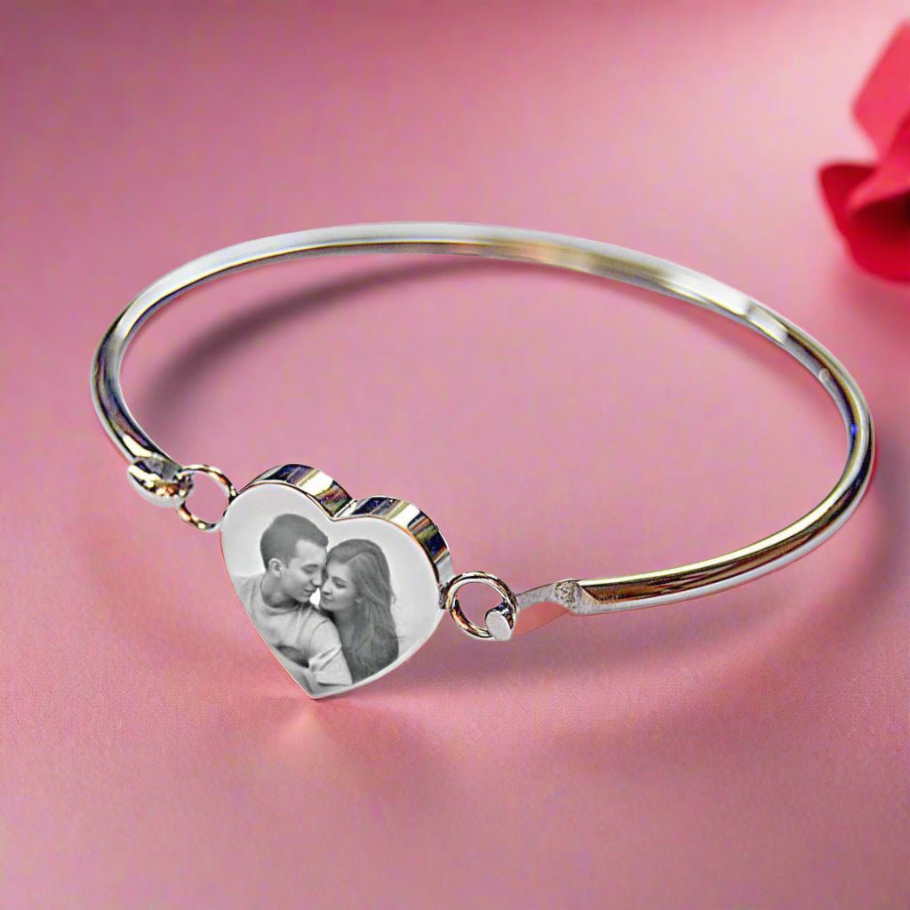 Photo Heart Bangle - Mother's day gift, Gift for Nanny, Bridesmaid Gift, Photo and Text Personalised Metal Bangle Bracelet - Engraved Memories