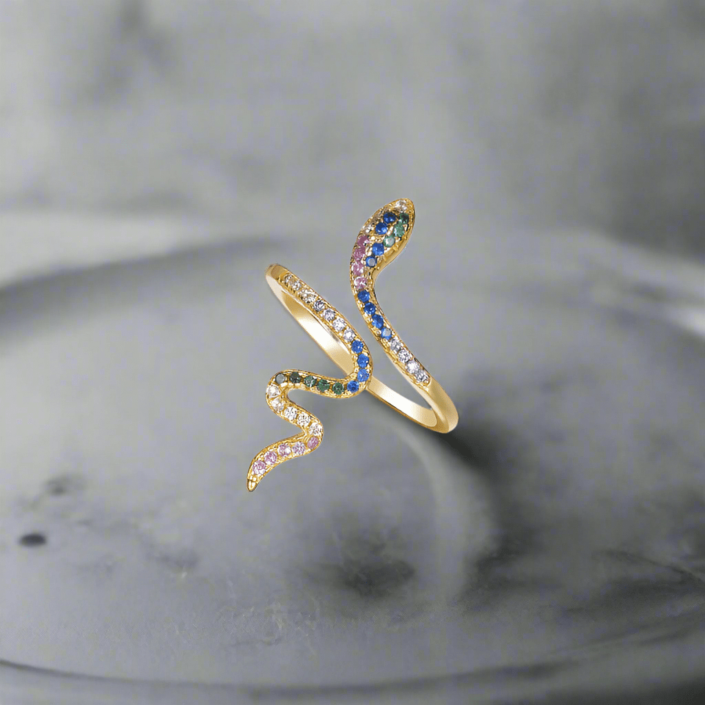 Sparkling Snake Ring in 925 Sterling Silver with Cubic Zirconia Stones - Gold Plated - Engraved Memories