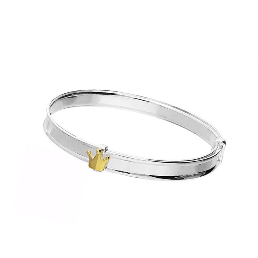 Sterling silver baby bangle with enamel daisy, heart, or crown. Expandable, engravable, perfect keepsake.