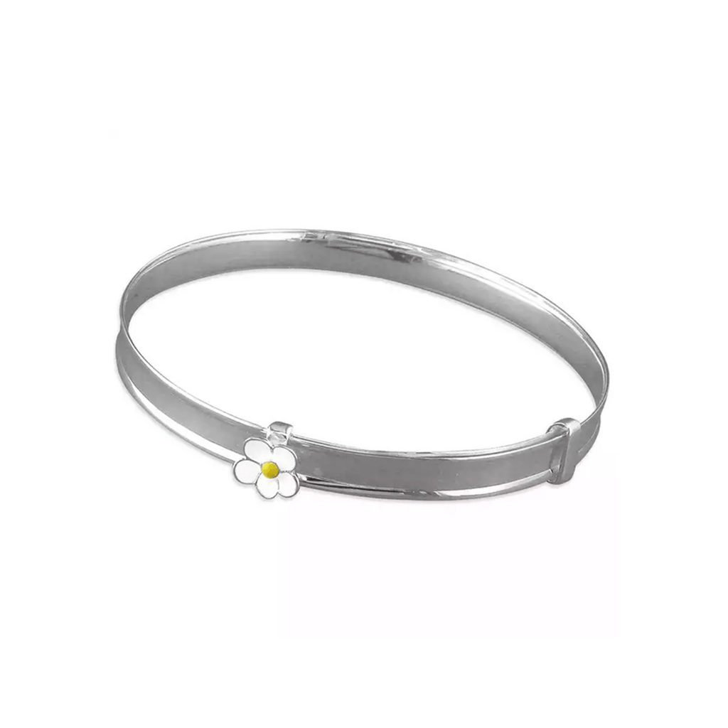 Sterling silver baby bangle with enamel daisy, heart, or crown. Expandable, engravable, perfect keepsake.