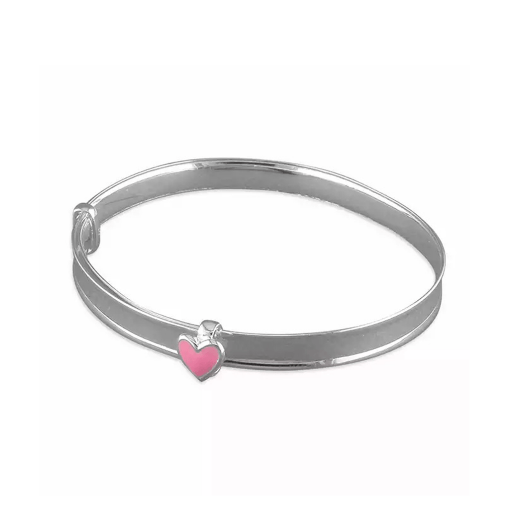 Sterling silver baby bangle with enamel daisy, heart, or crown. Expandable, engravable, perfect keepsake.