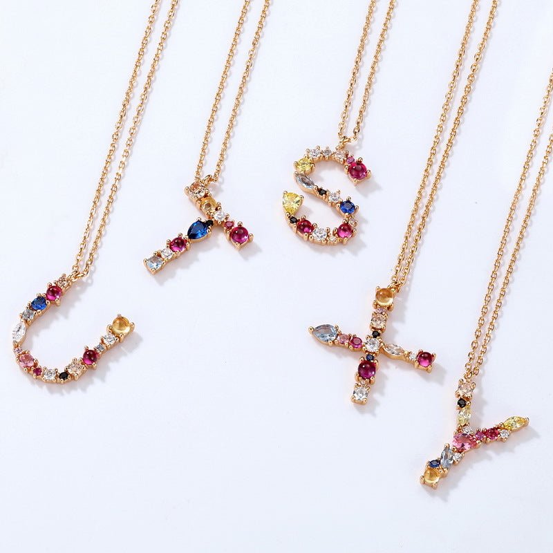 Sterling Silver Necklace with Colorful CZ Letter Charm, Dainty Initial Gold plated Necklace - Engraved Memories