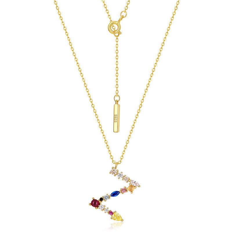 Sterling Silver Necklace with Colorful CZ Letter Charm, Dainty Initial Gold plated Necklace - Engraved Memories