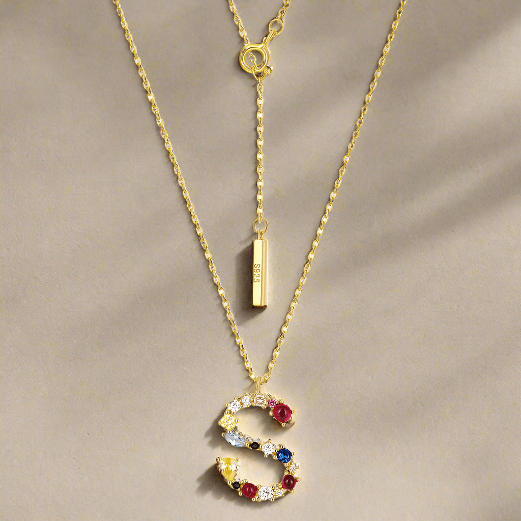 Sterling Silver Necklace with Colorful CZ Letter Charm, Dainty Initial Gold plated Necklace - Engraved Memories