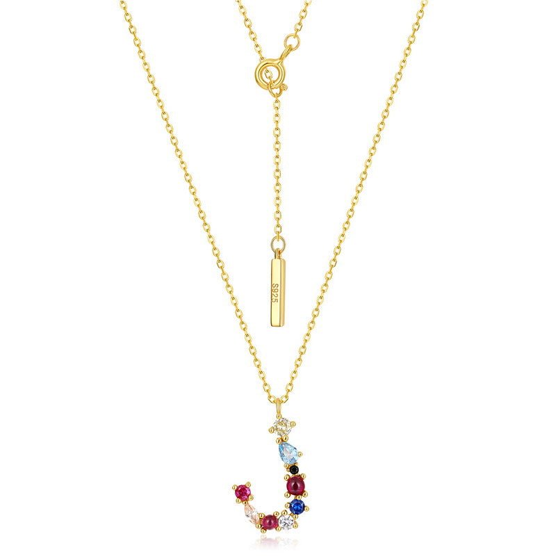 Sterling Silver Necklace with Colorful CZ Letter Charm, Dainty Initial Gold plated Necklace - Engraved Memories