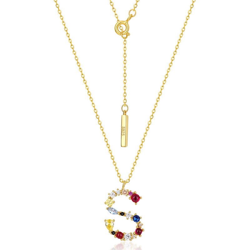 Sterling Silver Necklace with Colorful CZ Letter Charm, Dainty Initial Gold plated Necklace - Engraved Memories