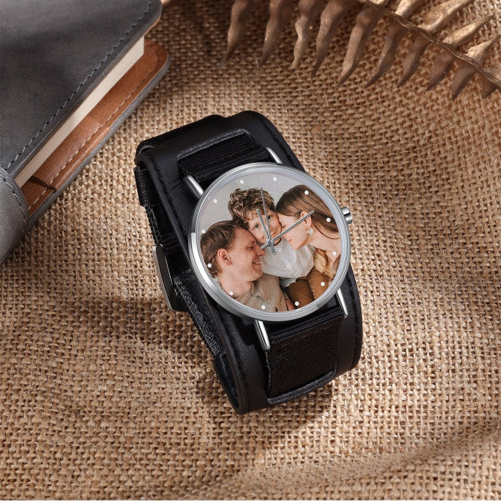 Black nylon custom photo watch, 49x41mm, 47.6g, personalized engraving for special memories.