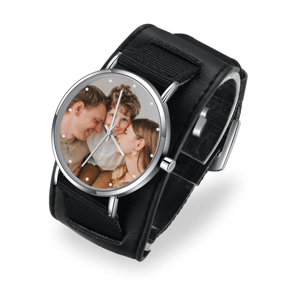 Custom photo watch with black nylon strap, 49x41mm, 47.6g, engraved stainless steel case.