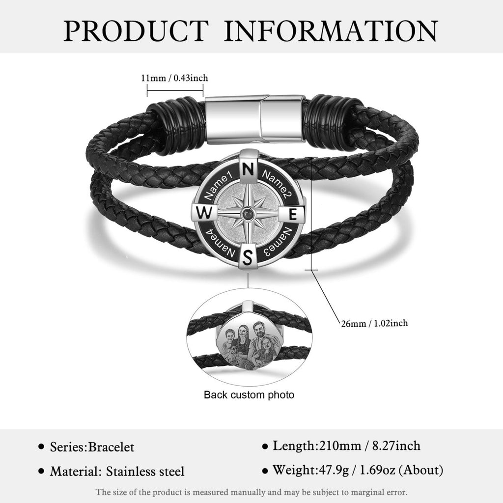 Leather Bracelet with Compass & Photo, Engraved Navigator Wristband, Personalised Gift for Her, Men's Jewelry - Engraved Memories