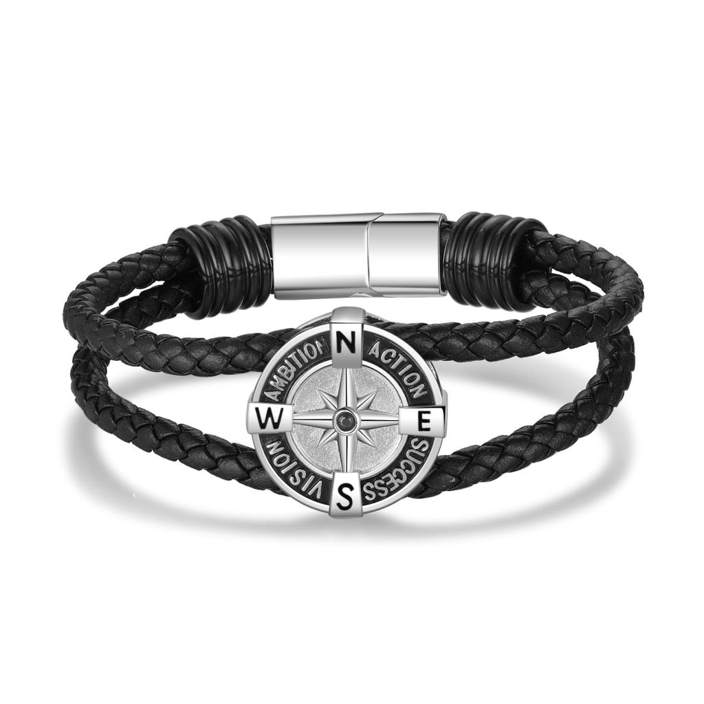 Leather Bracelet with Compass & Photo, Engraved Navigator Wristband, Personalised Gift for Her, Men's Jewelry - Engraved Memories